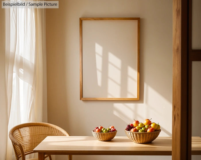 Minimalistic dining area with two fruit baskets on table and empty frame on wall.