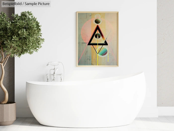 Modern bathroom with white freestanding tub and geometric artwork above. Potted plant adds a touch of greenery.