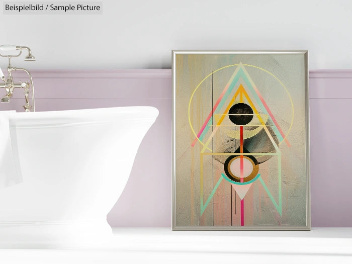 Modern bathroom with a white tub and framed abstract art with geometric patterns on the wall.