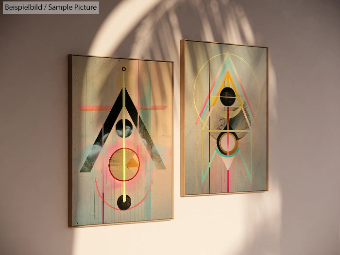 Two abstract geometric paintings on a wall, featuring triangles and circles in pastel colors, with shadow patterns.