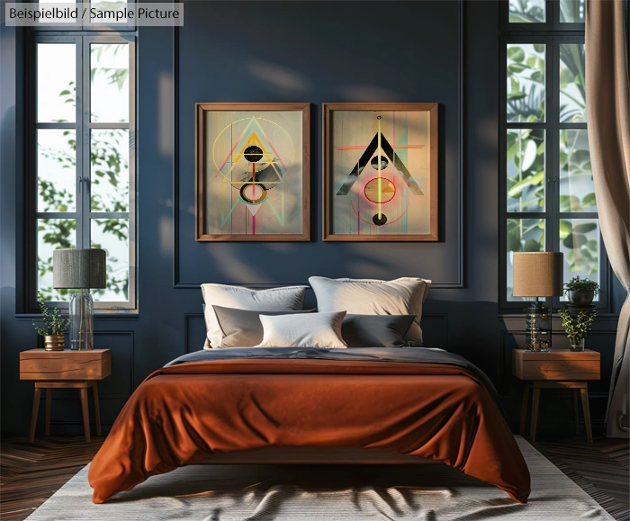 Stylish bedroom with abstract geometric art, blue walls, and a cozy bed with rust-colored blanket and pillows.
