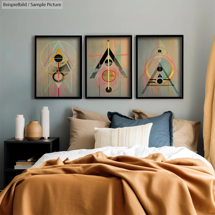 Modern bedroom with abstract geometric artwork above bed, featuring neutral bedding and a black nightstand.