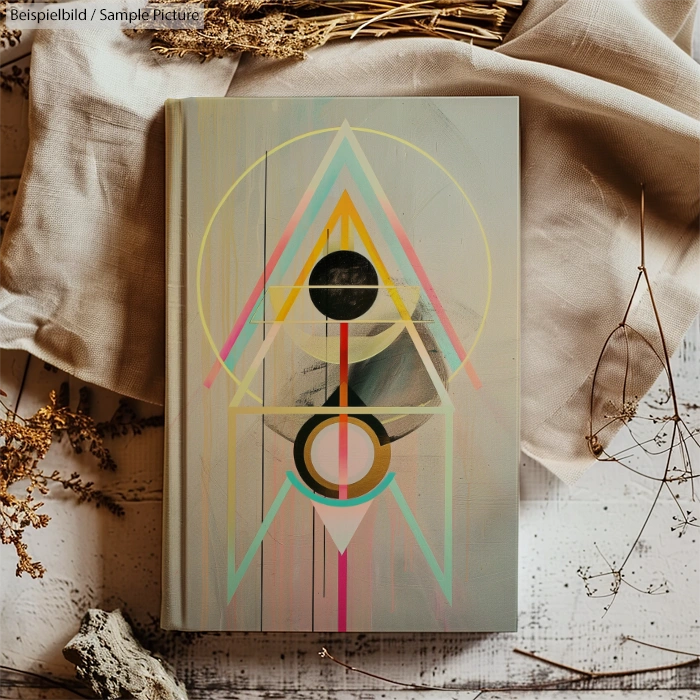 Geometric abstract art on a book cover with circles and triangles, resting on fabric and surrounded by dried plants.