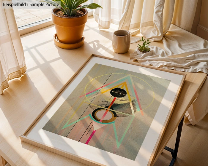 Geometric abstract print on wooden table near window, with potted plants and a mug, sunlight streaming in.