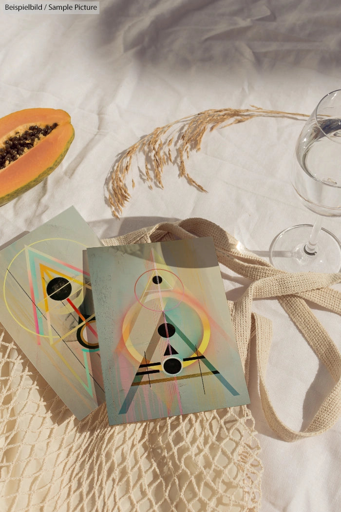 Geometric art prints on fabric with papaya, wheat stalks, mesh bag, and a wine glass.