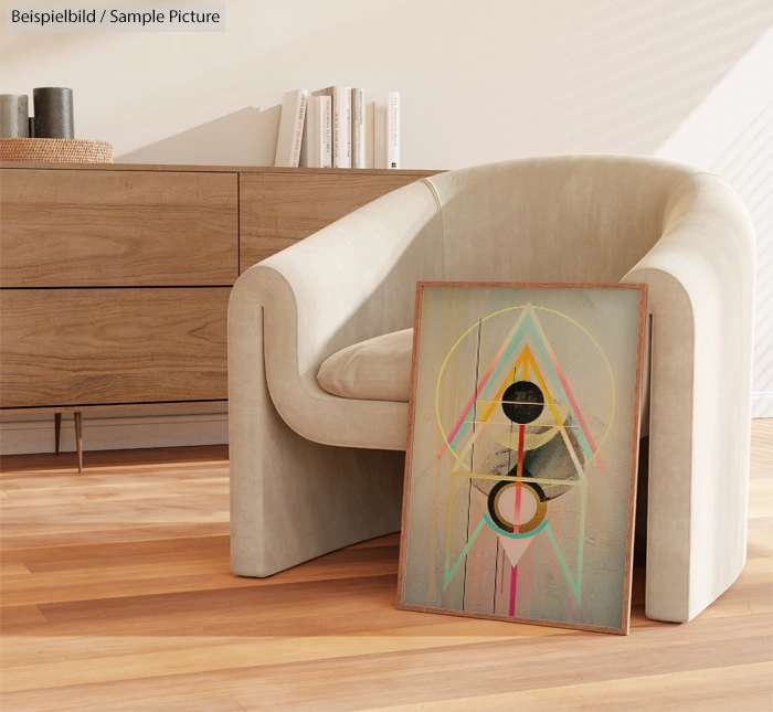 Modern beige armchair next to a contemporary geometric art piece on wooden floor in minimalistic living room.