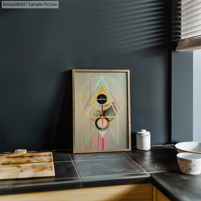 Framed geometric art print with circles and triangles in pastel colors on dark kitchen counter with jars and bowl.