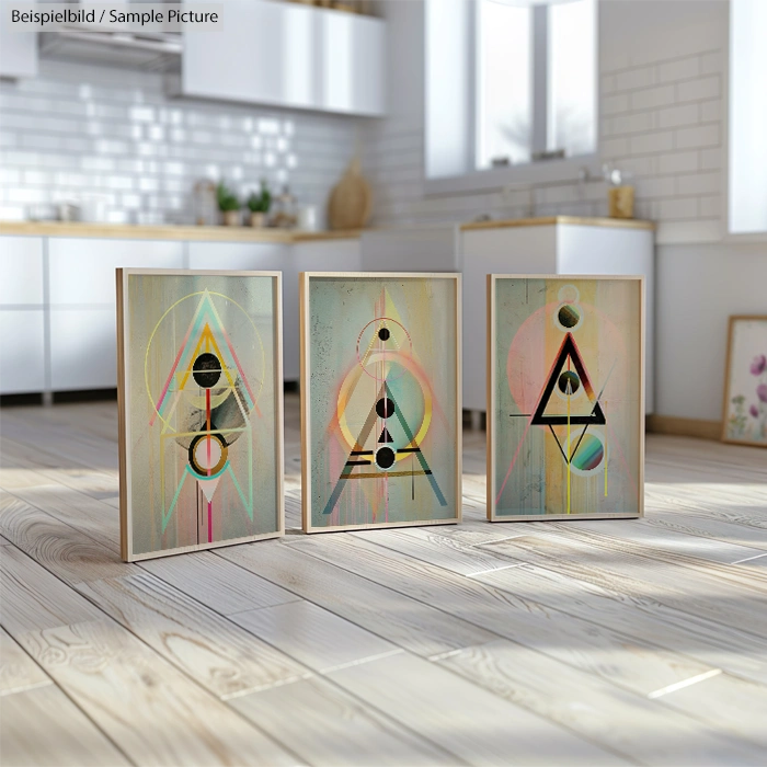 Modern kitchen with framed geometric artwork on floor, featuring colorful abstract designs.