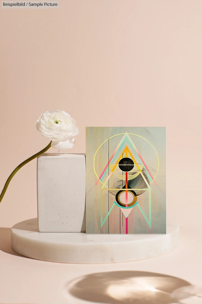 Minimalist geometric art on canvas with pastel colors, beside a white flower in a vase, on a light background.