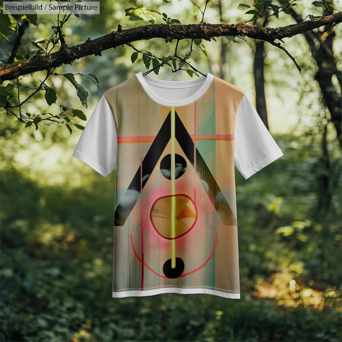 T-shirt hanging outdoors with an abstract geometric design featuring circles and triangles.