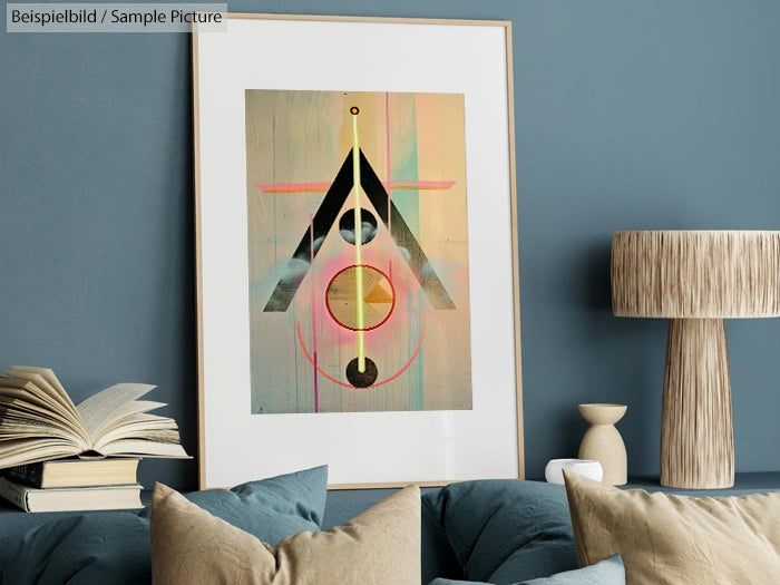 Modern abstract geometric art framed and hung on a blue wall above a sofa with pillows, beside a decorative lamp.
