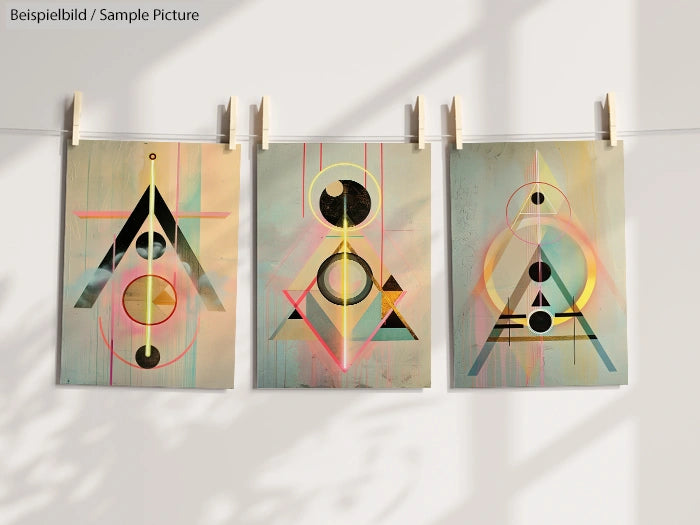Three abstract geometric paintings with triangles and circles hanging on a line against a soft, light background.