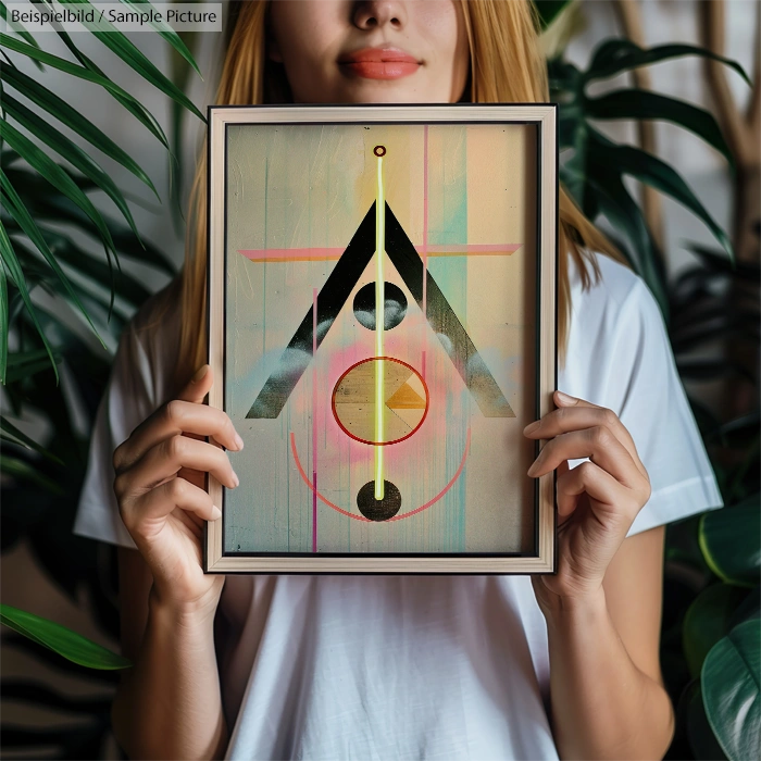 Person holding a framed artwork with geometric shapes and pastel colors; background features tropical plants.