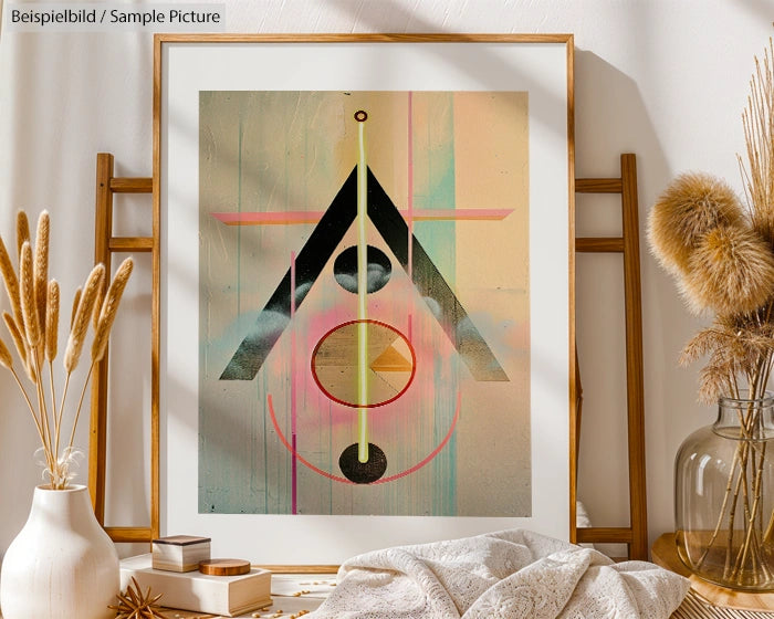 Geometric abstract art print with triangles, circles, and lines in a wooden frame. Decor items surround the frame.