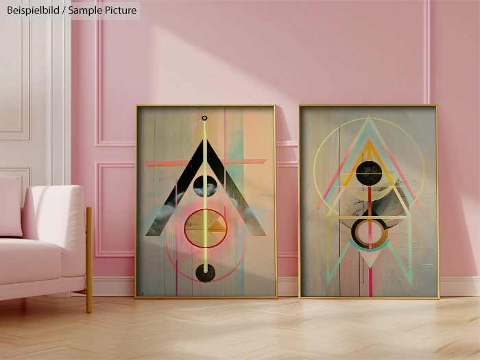 Modern geometric abstract paintings with pastel colors, displayed in gold frames against a pink wall beside a sofa.