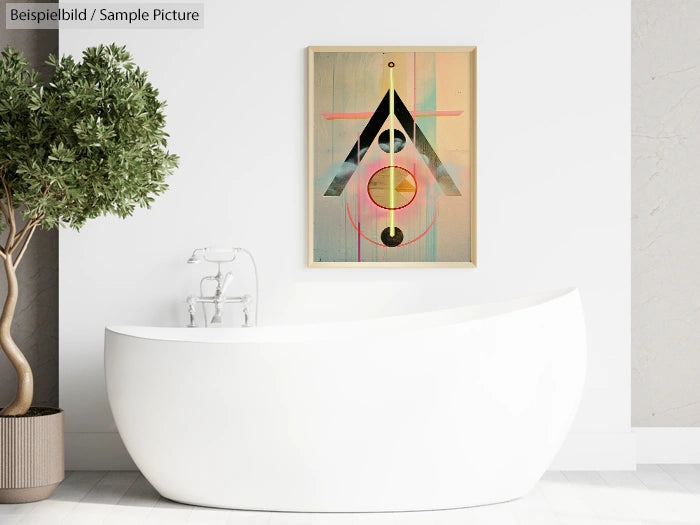 Minimalist bathroom with a white freestanding tub, geometric abstract painting, and a potted plant.