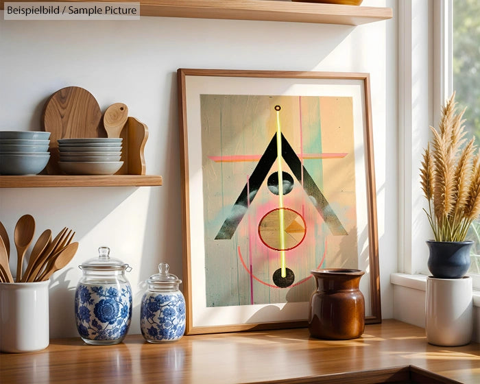 Kitchen shelf with modern geometric art, pottery, and sunlight through a window.