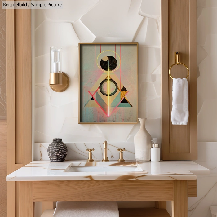 Stylish bathroom with abstract geometric art above a marble sink, gold fixtures, and decorative vases.