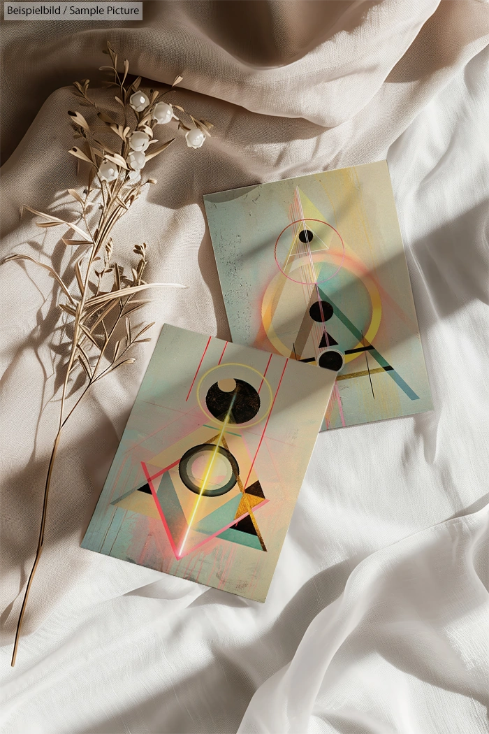 Two abstract art cards with geometric shapes on a white fabric background, alongside dried flowers.