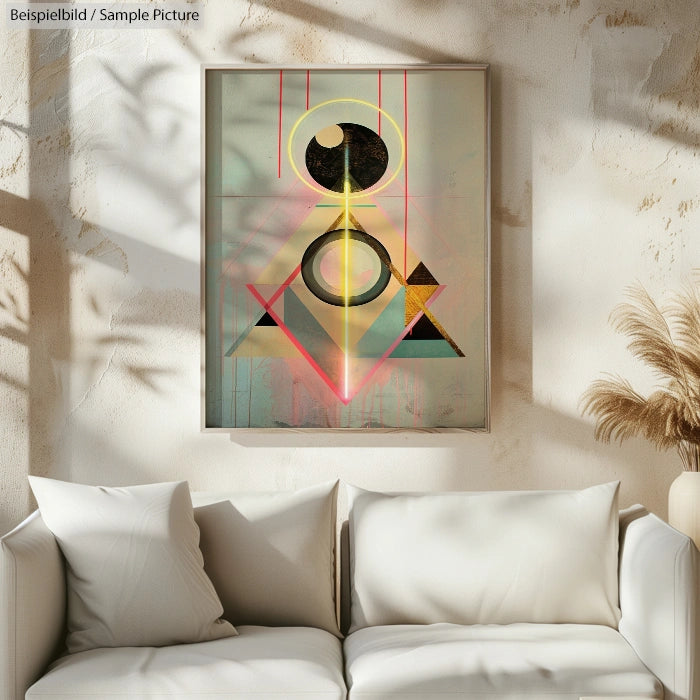 Abstract geometric painting with circles and triangles in a light-filled room with a white couch and textured walls.