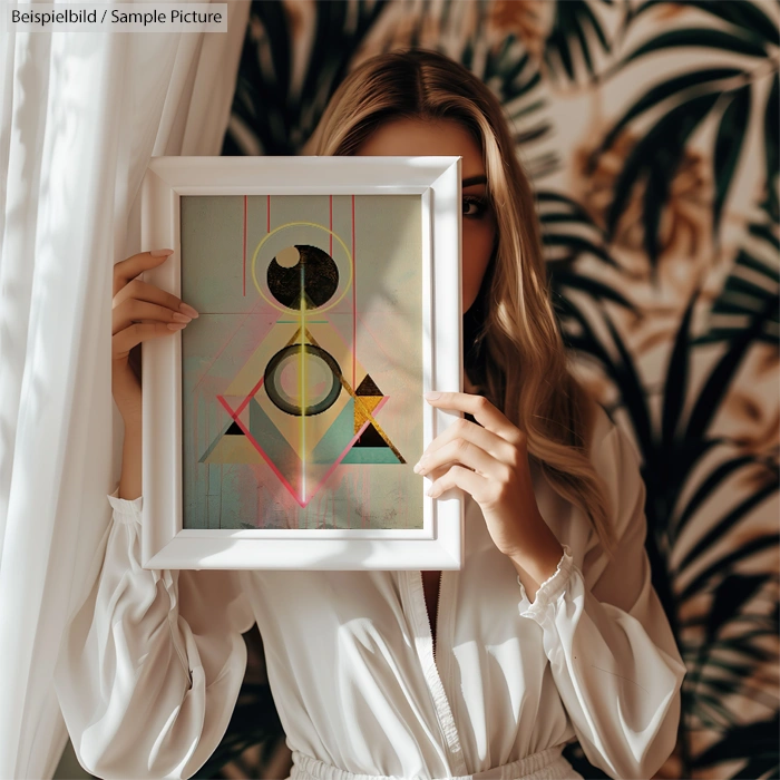 Person holding framed abstract geometric painting against floral wallpaper.