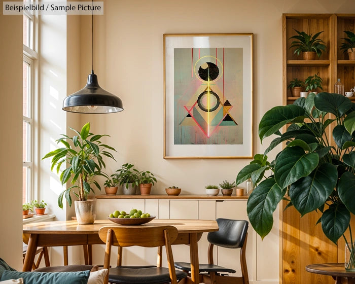 Cozy dining room with plants, wooden furniture, and an abstract artwork on the wall.