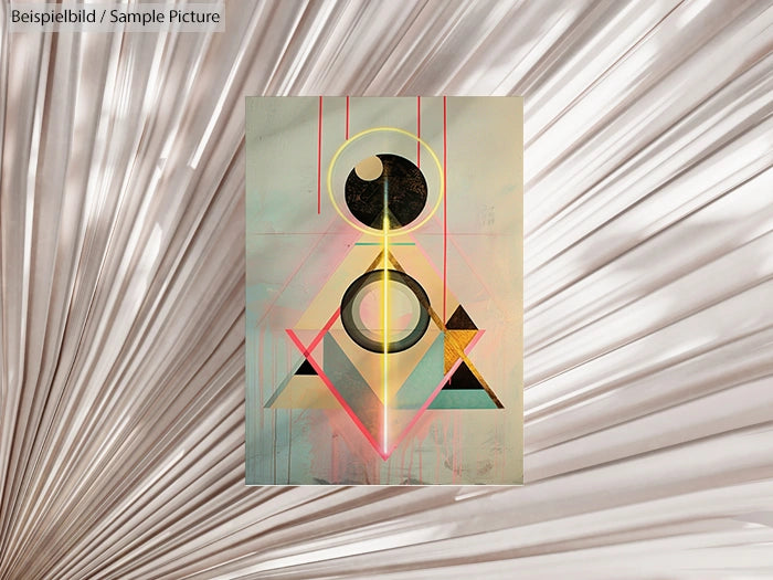 Geometric abstract artwork with circles and triangles on a textured background.