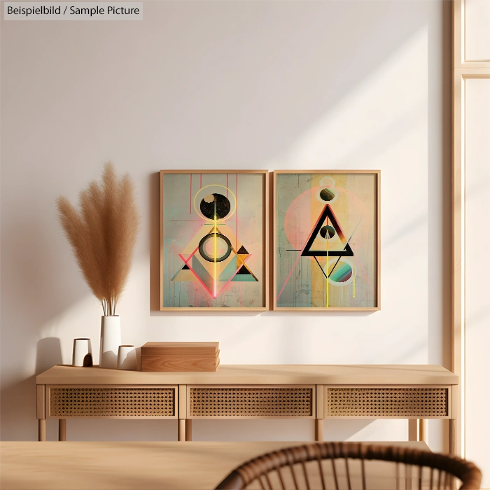 Modern room with geometric paintings, a wooden console table, decorative vases, and natural light filling the space.
