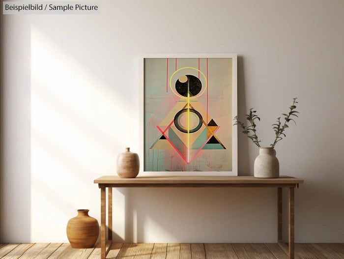 Modern abstract artwork with geometric shapes, framed on a wooden table between two ceramic vases, lit by natural light.