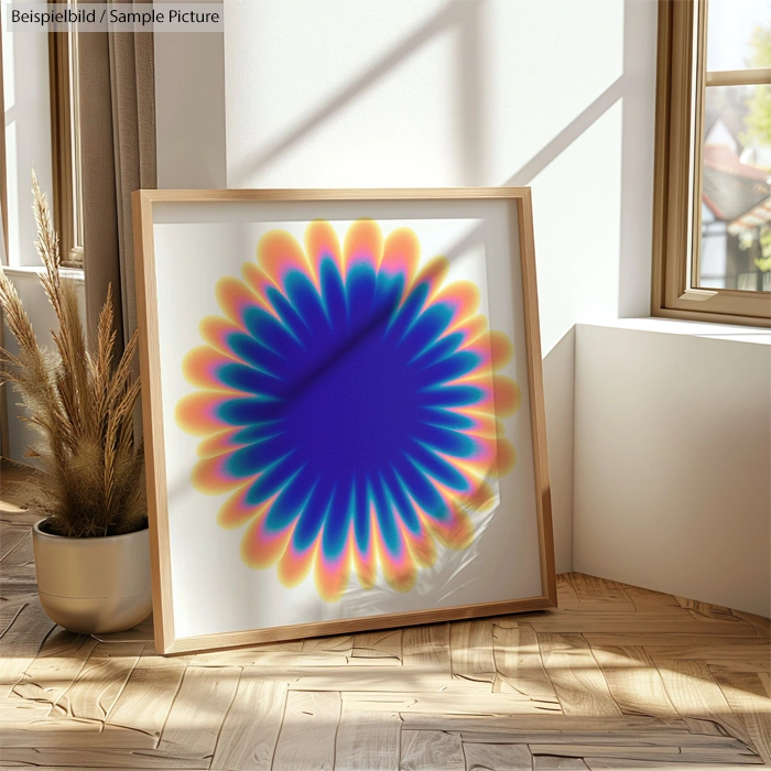 Framed abstract art with a colorful radial pattern leaning against a sunlit wall on a wooden floor.