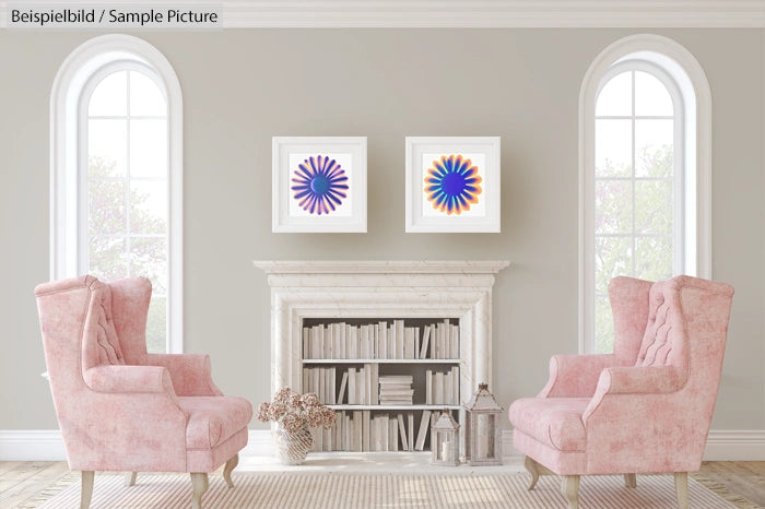 Elegant living room with pink armchairs, decorative fireplace, bookshelves, and abstract art on the wall.
