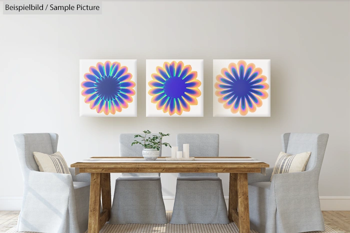 Dining area with wooden table, grey chairs, and three abstract flower paintings on the wall.