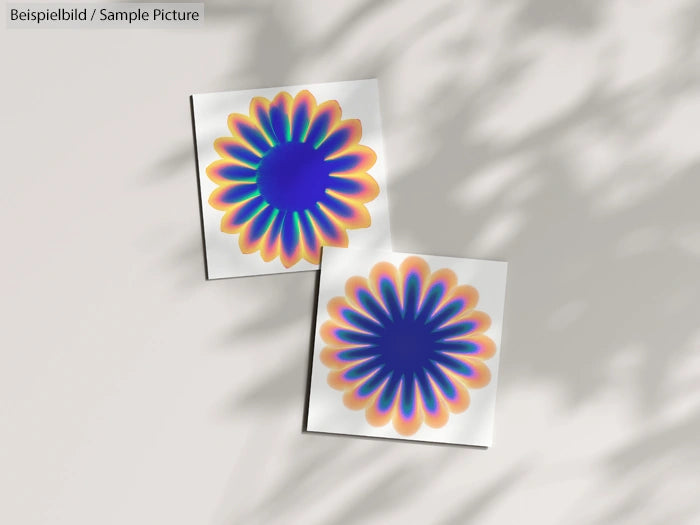Two abstract flower prints with vibrant rainbow petals on a light background, casting subtle shadows.