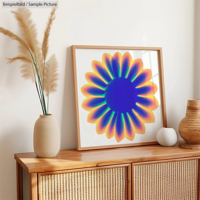 Framed abstract flower print with vibrant hues on wooden cabinet, beside pampas grass and decorative vase.