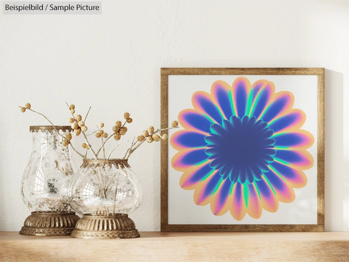 Framed abstract artwork with a vibrant flower-like design in blue, purple, and orange hues next to decorative vases.