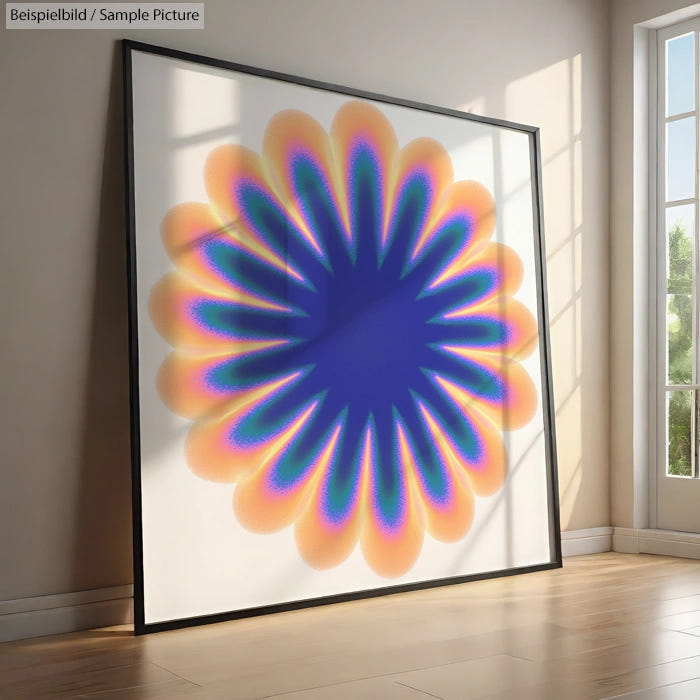Framed artwork with vibrant, multicolored radial pattern, leaning against a sunlit wall on wooden floor.
