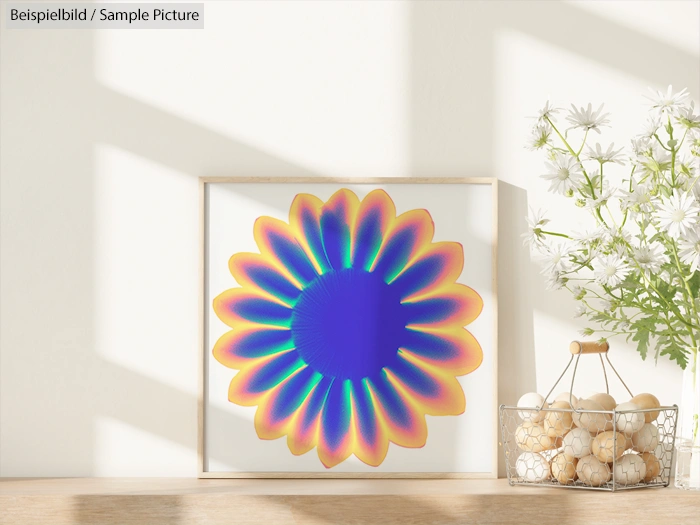Framed digital art of a colorful daisy-like flower with blue center, placed on sunny table with white flowers.