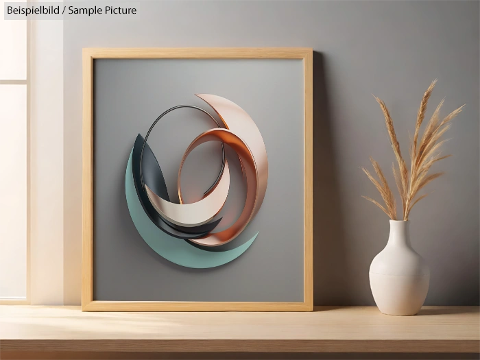 Modern abstract wall art with circular metallic swirls in a wooden frame, next to a vase with dried grass stalks.