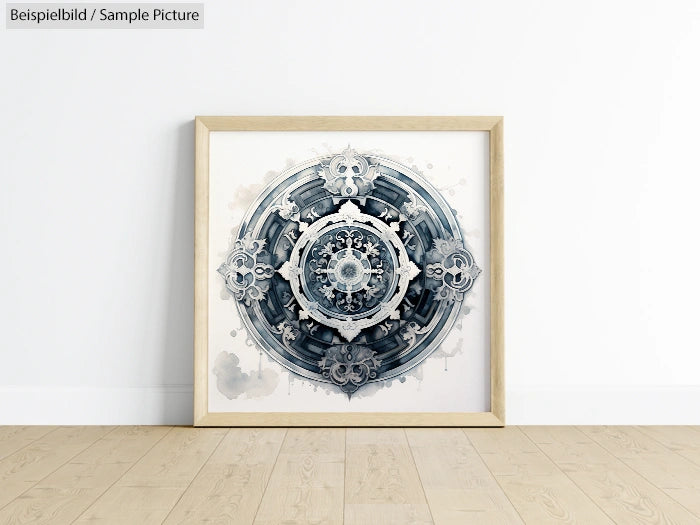 Framed geometric mandala-like artwork with intricate details against a white wall and wooden floor.