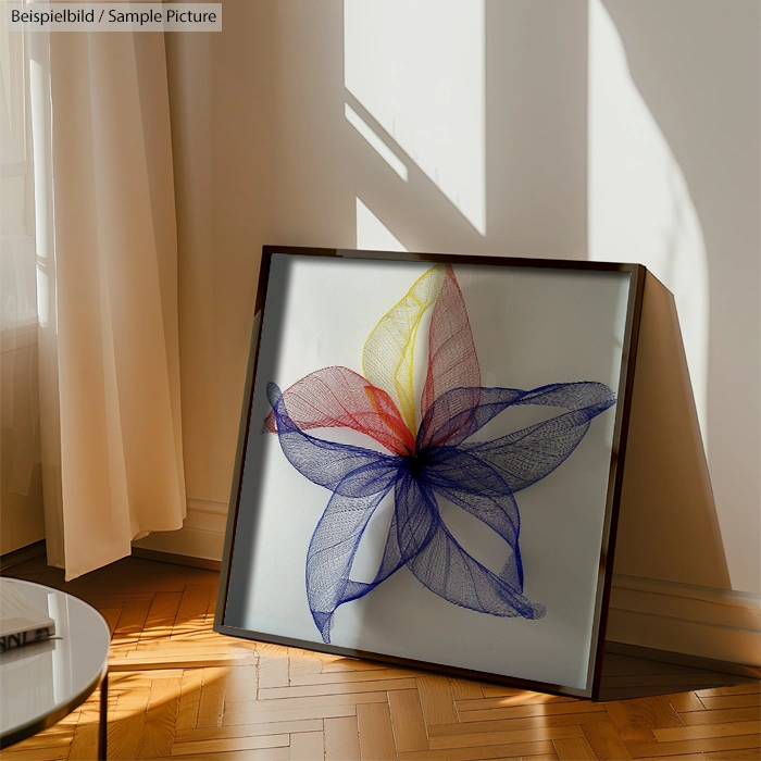 Framed abstract flower art with colorful translucent petals leaning against a wall in a sunlit room.