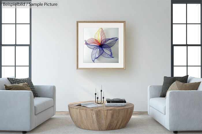 Modern living room with two sofas, a round wooden coffee table, and a colorful framed abstract flower art on the wall.