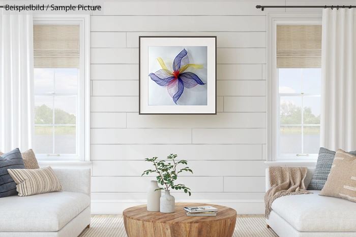 Modern living room with white walls, wooden coffee table, and colorful abstract art framed on the wall.