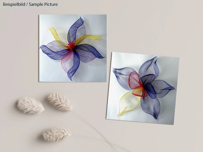 Two floral art pieces with colorful mesh petals on white backgrounds, accompanied by decorative white pampas grass.