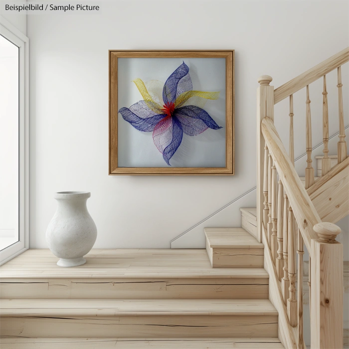 Modern home interior with spiral artwork in frame, large white vase, and wooden staircase in a bright, minimalistic setting.