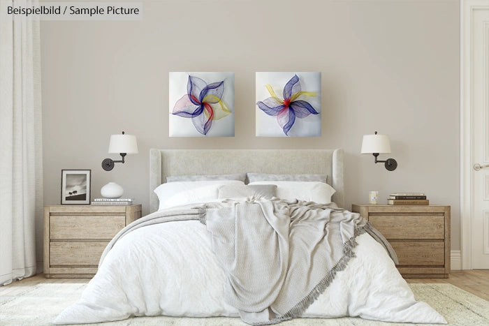 Modern bedroom with beige walls, double bed in the center, flanked by wooden nightstands, and abstract floral artwork above.