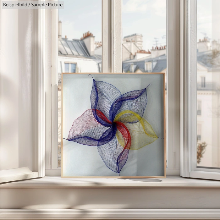 Colorful wire sculpture of a flower with red, blue, and yellow petals on a windowsill in a sunlit room.