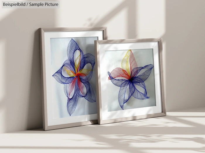 Two framed abstract floral artworks with blue and yellow mesh designs leaning against a wall, casting shadows.