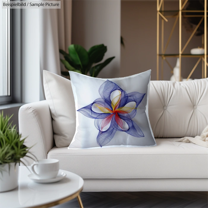 Decorative cushion with abstract floral design on a white sofa in a modern living room.