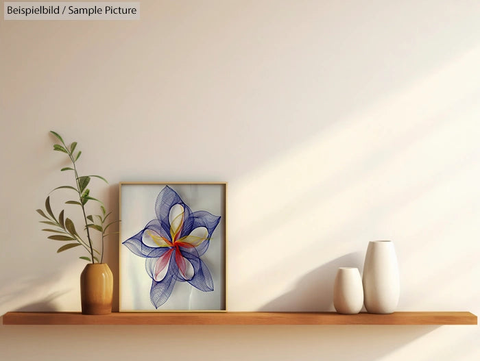 Shelf with abstract flower art, small plant, and two ceramic vases on a light background.