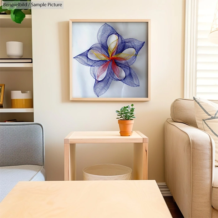 Modern living room with abstract flower art, small plant on wooden table, beige sofa, and bookshelf with decor.